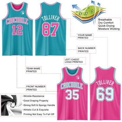 Custom Reversible Teal Pink-White Double Side Sublimation Basketball Suit Jersey - Sky-Custom