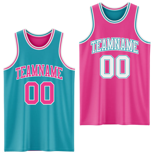 Custom Reversible Teal Pink-White Double Side Sublimation Basketball Suit Jersey - Sky-Custom