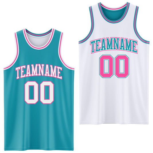 Custom Reversible Teal White-Pink Double Side Sublimation Basketball Suit Jersey - Sky-Custom