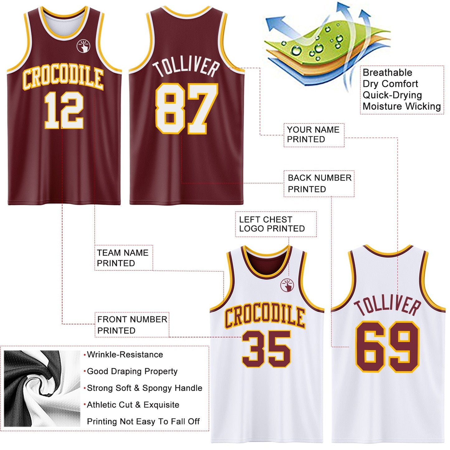 Custom Reversible Burgundy White-Gold Double Side Sublimation Basketball Suit Jersey - Sky-Custom