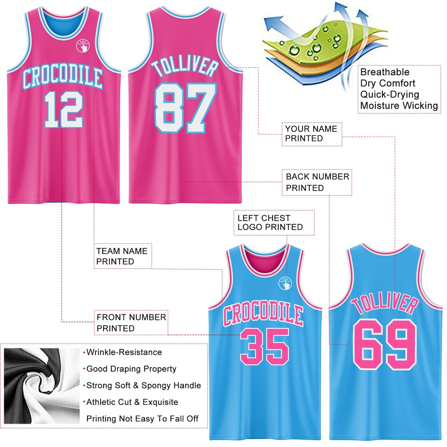 Custom Reversible Pink White-Sky Blue Double Side Sublimation Basketball Suit Jersey - Sky-Custom