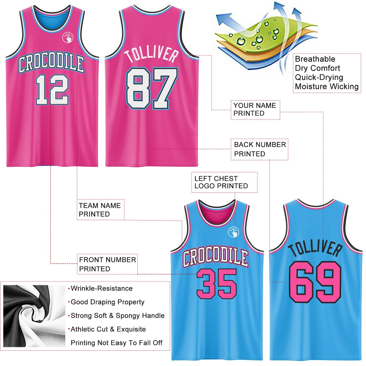 Custom Reversible Pink Black-Sky Blue Double Side Sublimation Basketball Suit Jersey - Sky-Custom