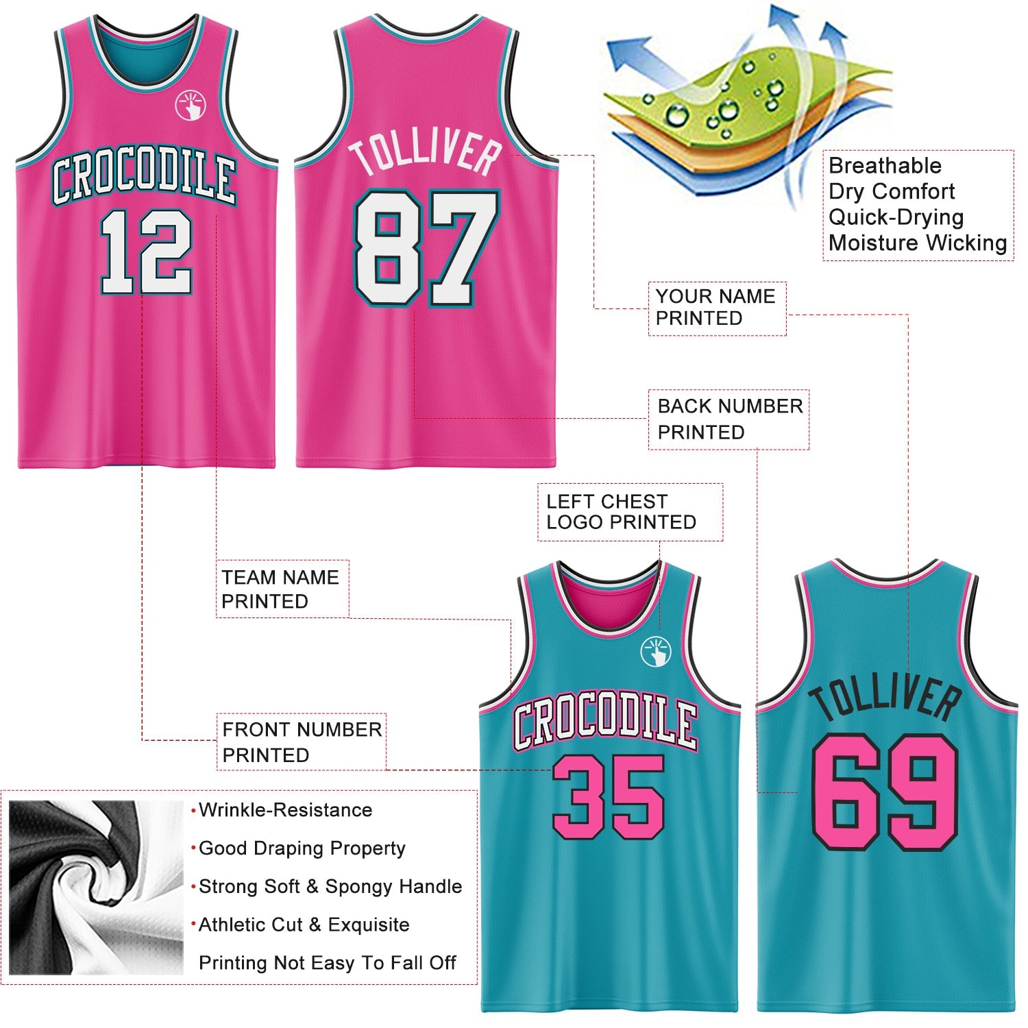 Custom Reversible Pink Black-Teal Double Side Sublimation Basketball Suit Jersey - Sky-Custom