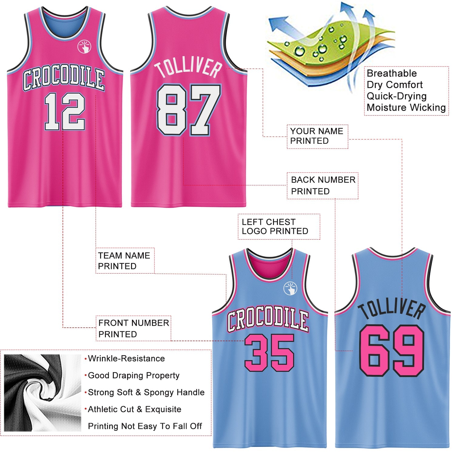 Custom Reversible Pink Black-Light Blue Double Side Sublimation Basketball Suit Jersey - Sky-Custom