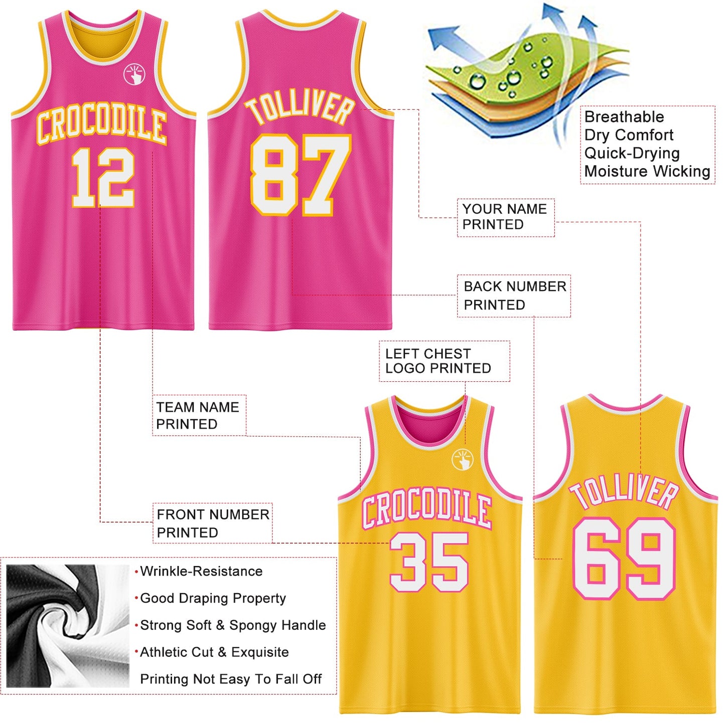 Custom Reversible Pink White-Gold Double Side Sublimation Basketball Suit Jersey - Sky-Custom