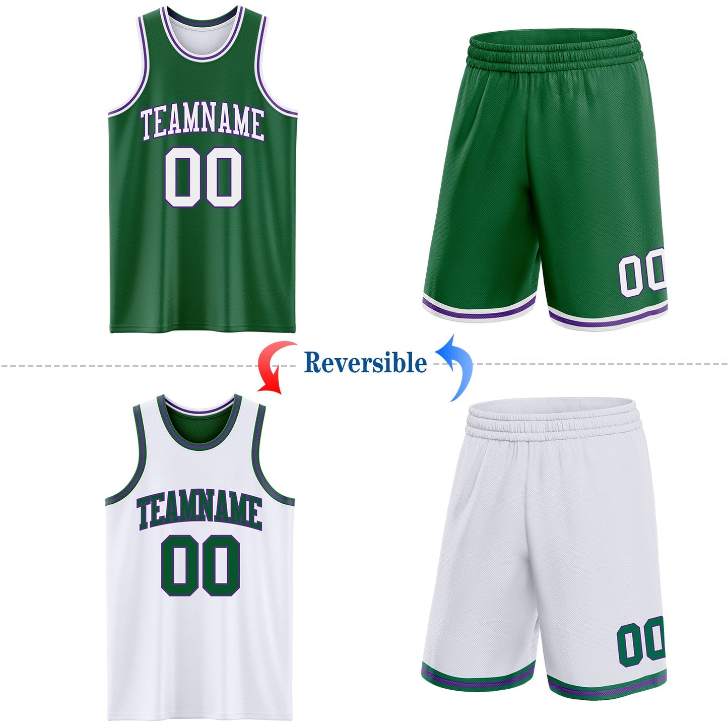 Custom Reversible Kelly Green White-Purple Double Side Sublimation Basketball Suit Jersey - Sky-Custom