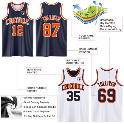 Custom Reversible Navy Orange-White Double Side Sublimation Basketball Suit Jersey - Sky-Custom