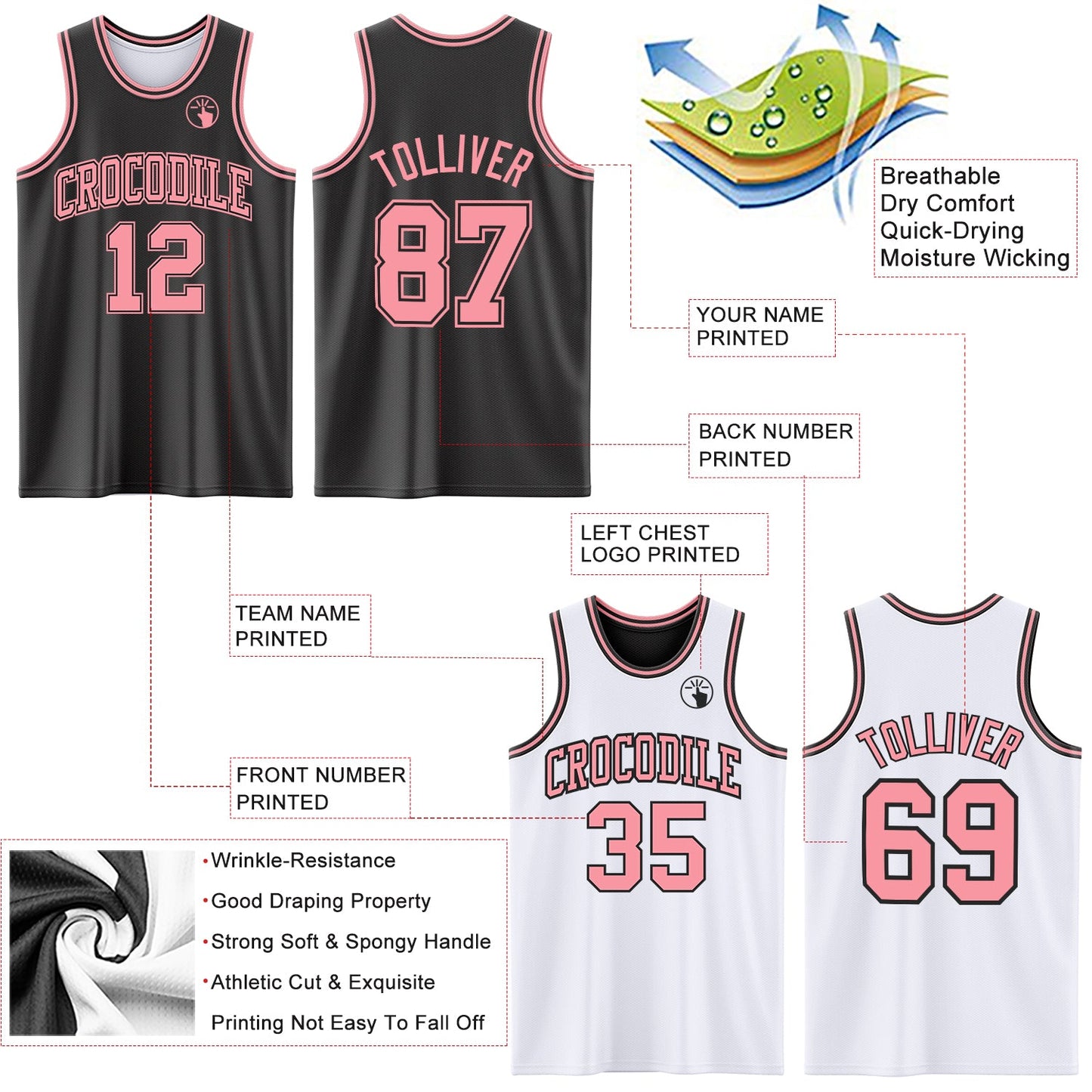 Custom Reversible Black Medium Pink Double Side Sublimation Basketball Suit Jersey - Sky-Custom