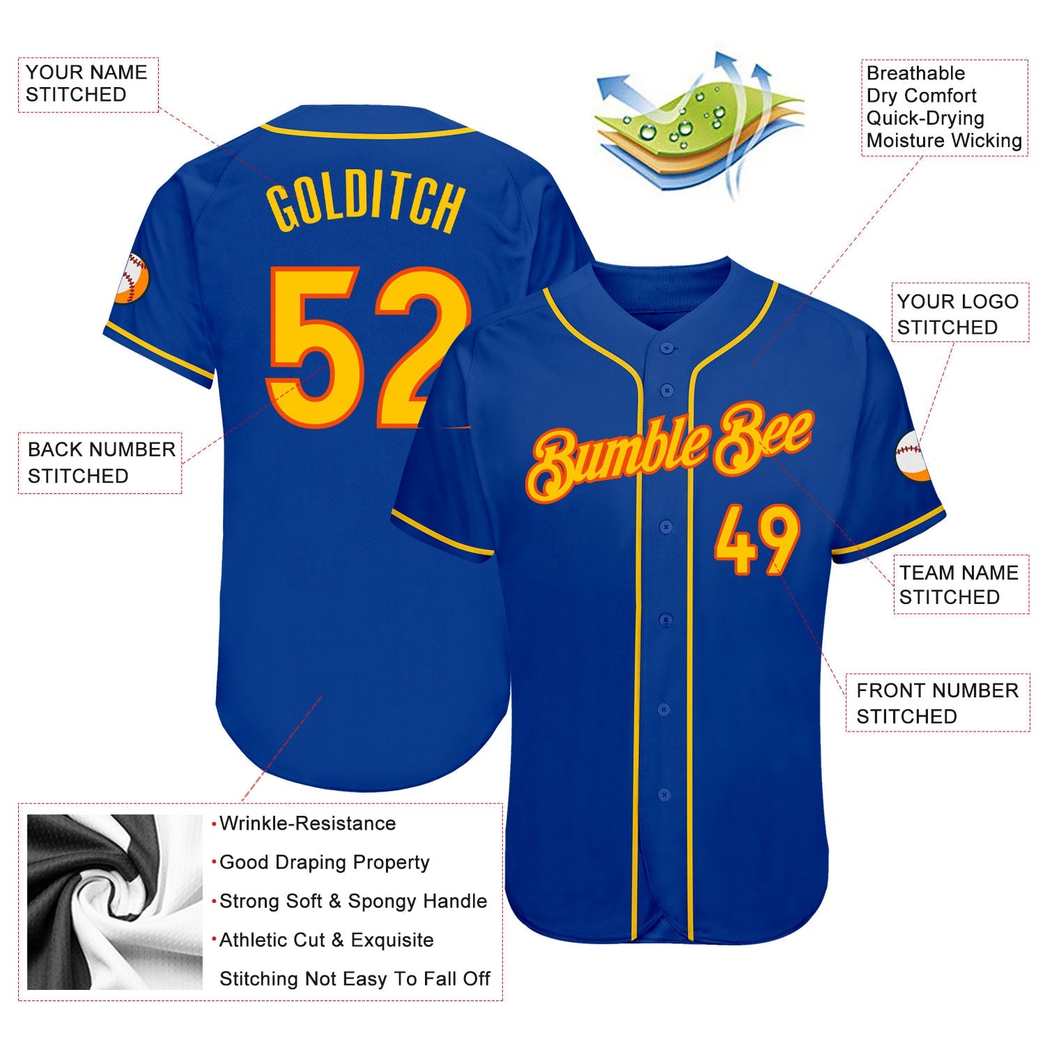 Custom Royal Gold-Orange Authentic Baseball Jersey - Sky-Custom
