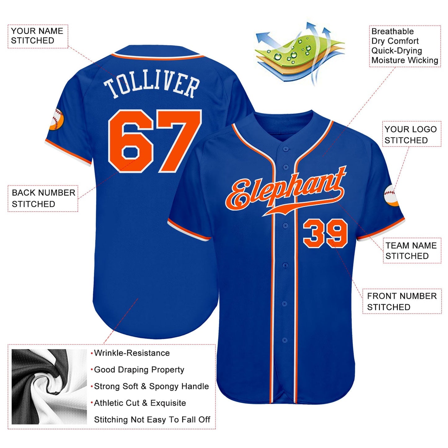 Custom Royal Orange-White Authentic Baseball Jersey - Sky-Custom