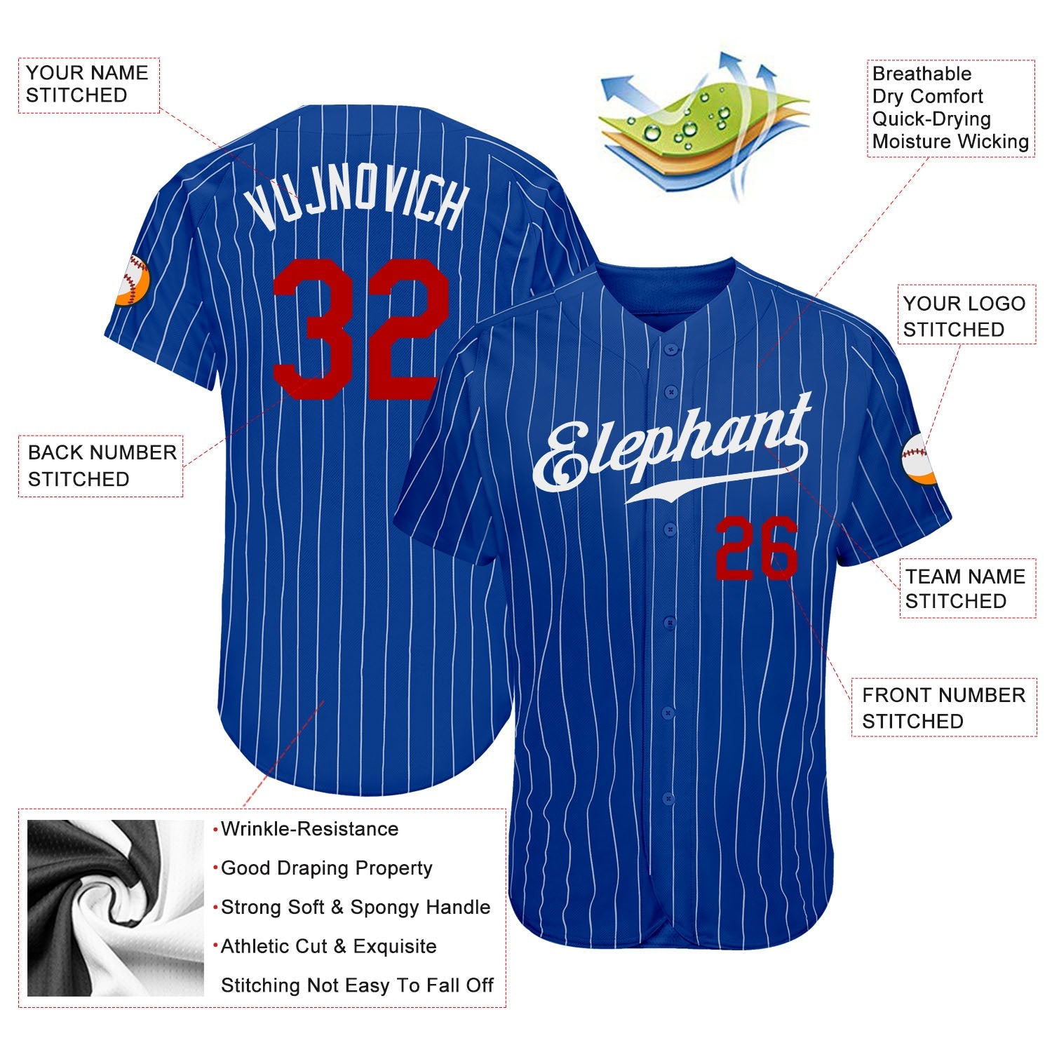 Custom Royal White Pinstripe Red Authentic Baseball Jersey - Sky-Custom