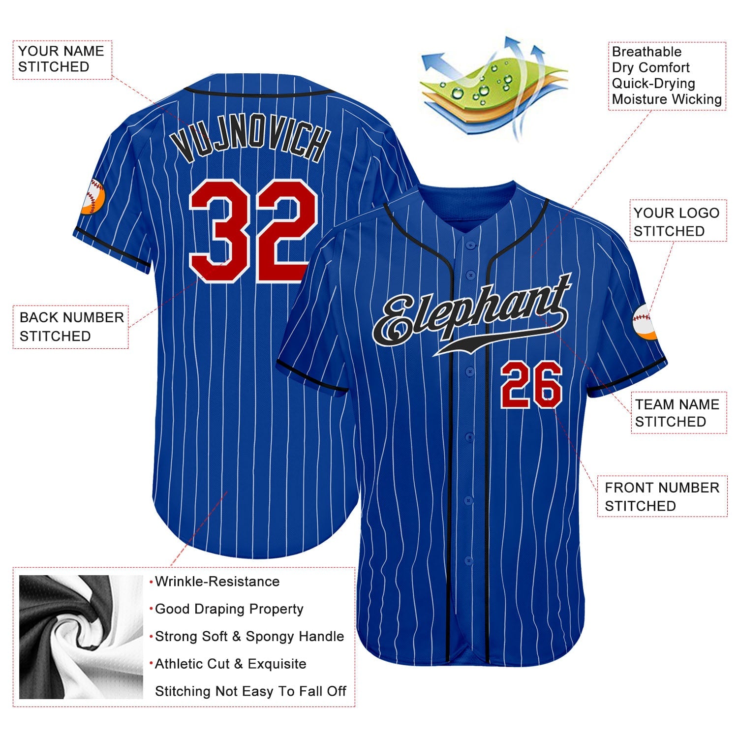 Custom Royal White Pinstripe Red-Black Authentic Baseball Jersey - Sky-Custom