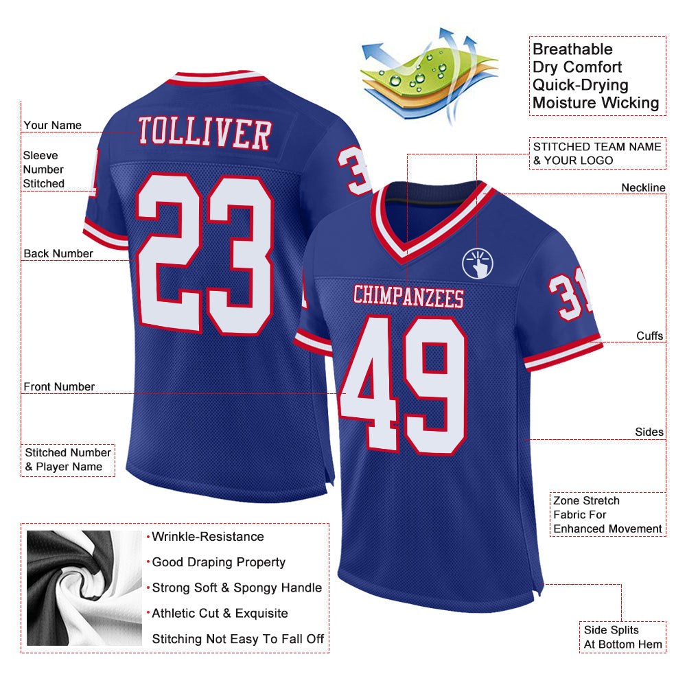 Custom Royal White-Red Mesh Authentic Throwback Football Jersey - Sky-Custom