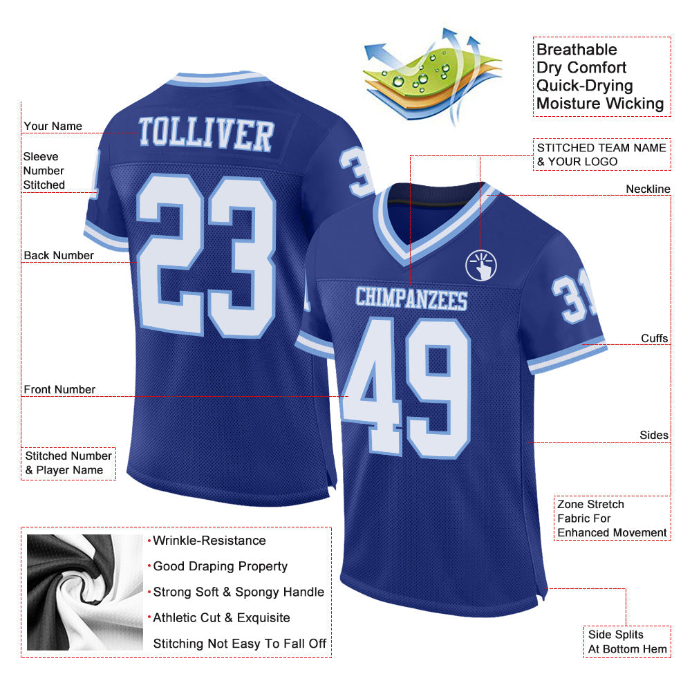 Custom Royal White-Light Blue Mesh Authentic Throwback Football Jersey - Sky-Custom