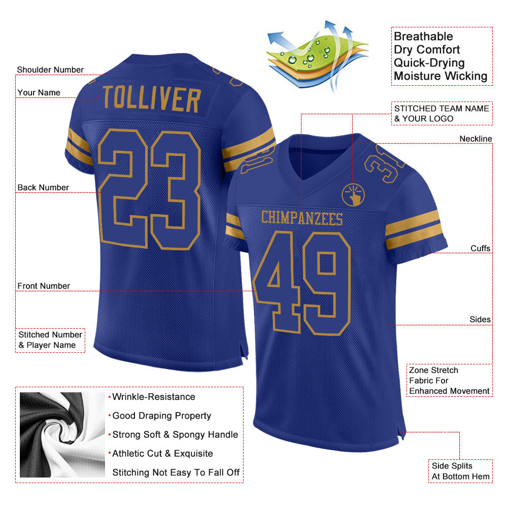 Custom Royal Royal-Old Gold Mesh Authentic Football Jersey - Sky-Custom