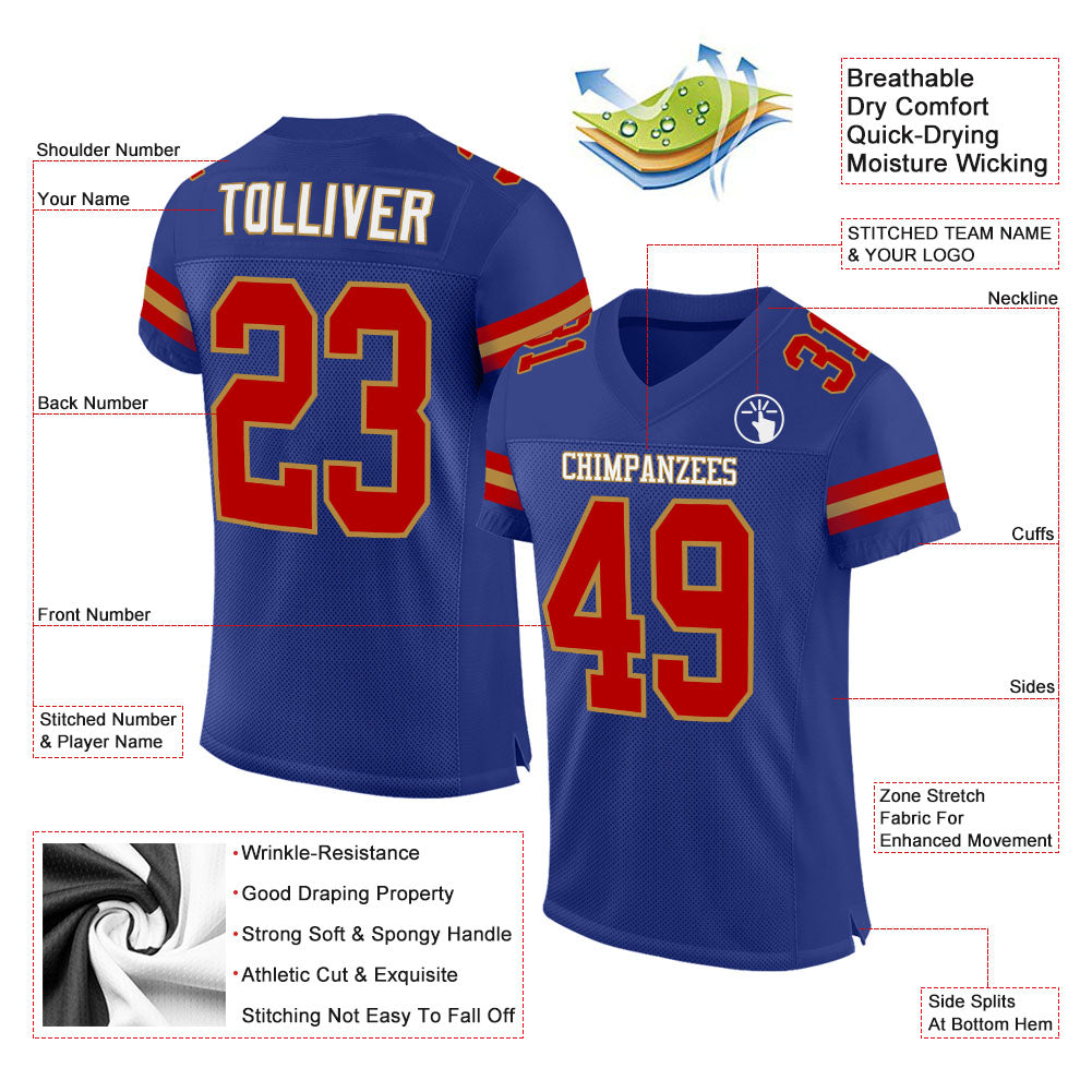 Custom Royal Red-Old Gold Mesh Authentic Football Jersey - Sky-Custom