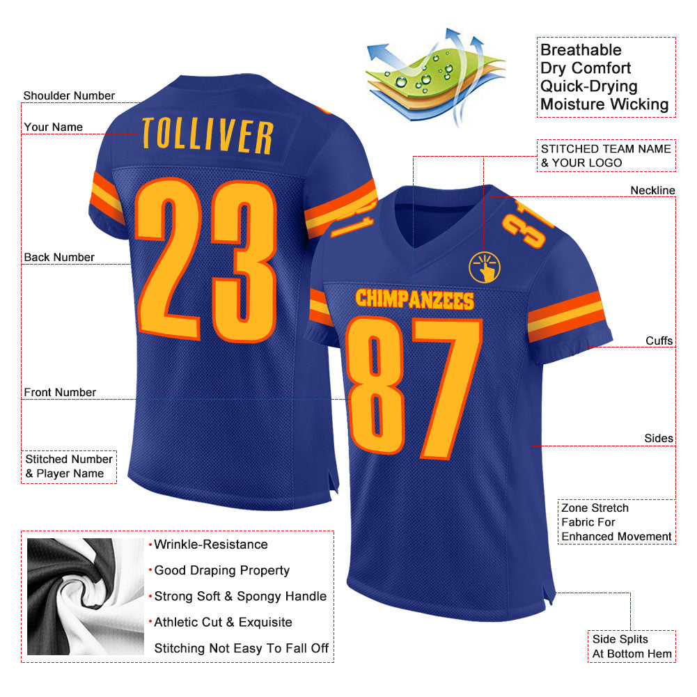 Custom Royal Gold-Orange Mesh Authentic Football Jersey - Sky-Custom