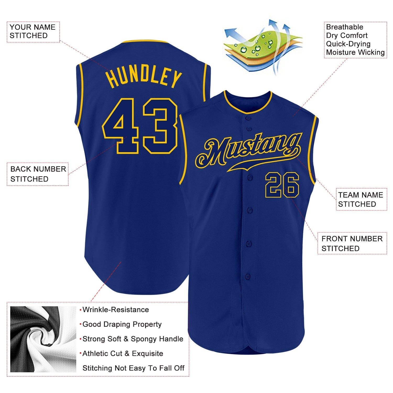 Custom Royal Royal-Gold Authentic Sleeveless Baseball Jersey - Sky-Custom