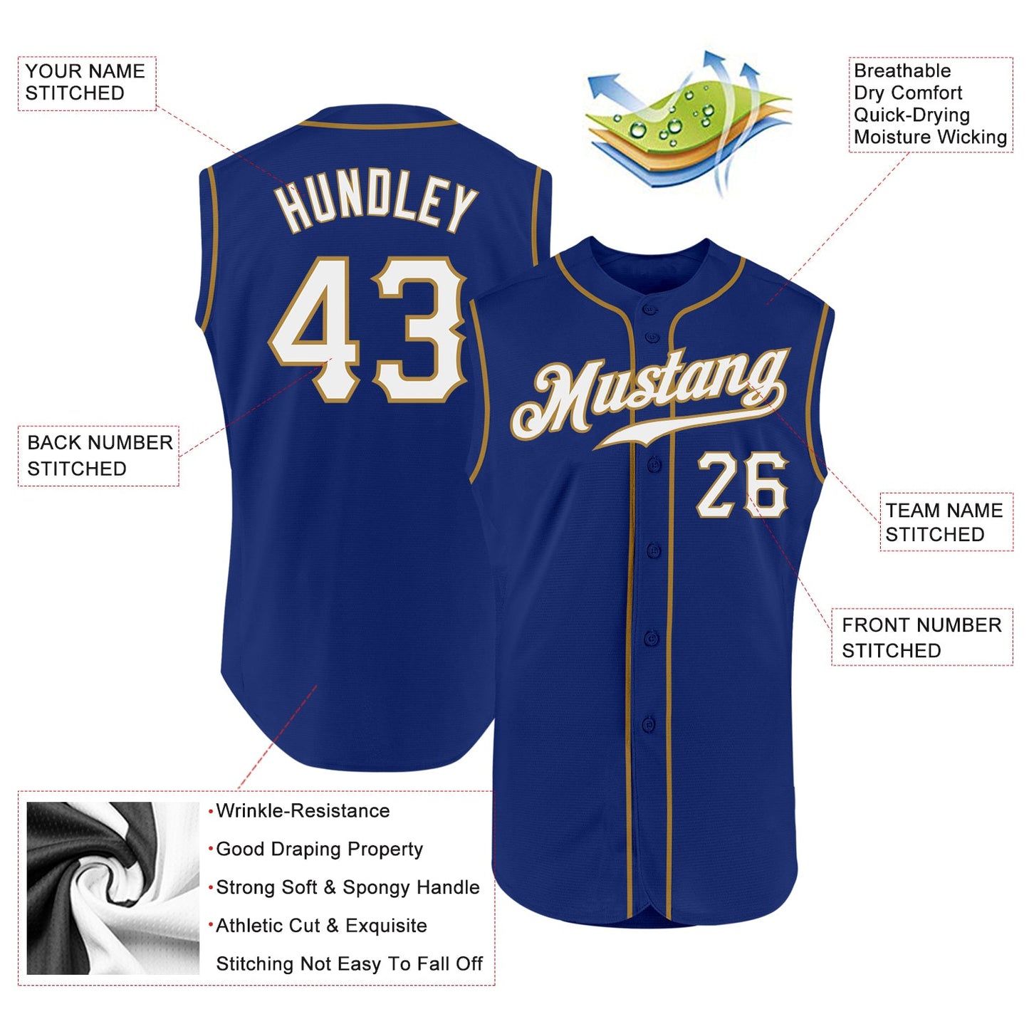 Custom Royal White-Old Gold Authentic Sleeveless Baseball Jersey - Sky-Custom