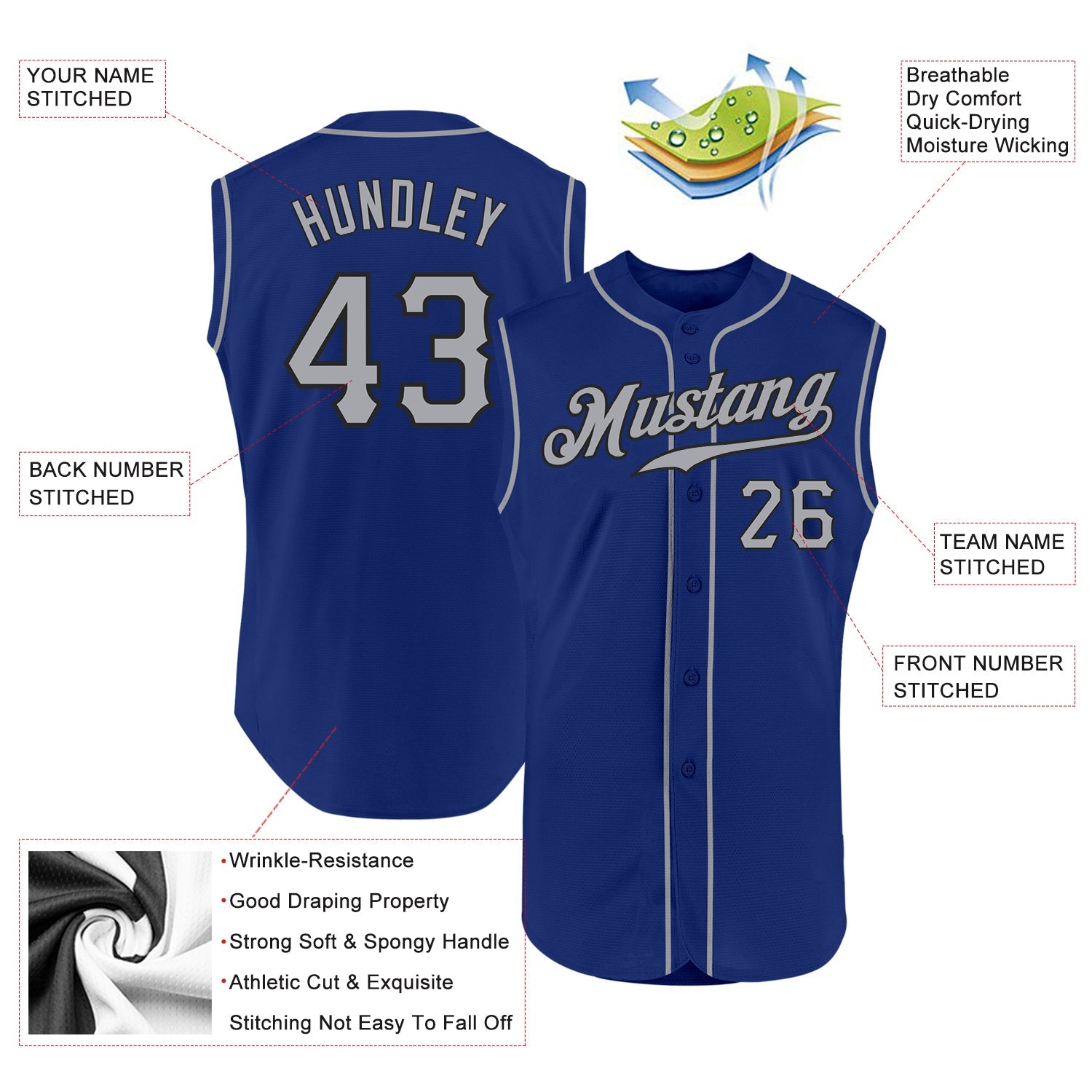 Custom Royal Gray-Black Authentic Sleeveless Baseball Jersey - Sky-Custom