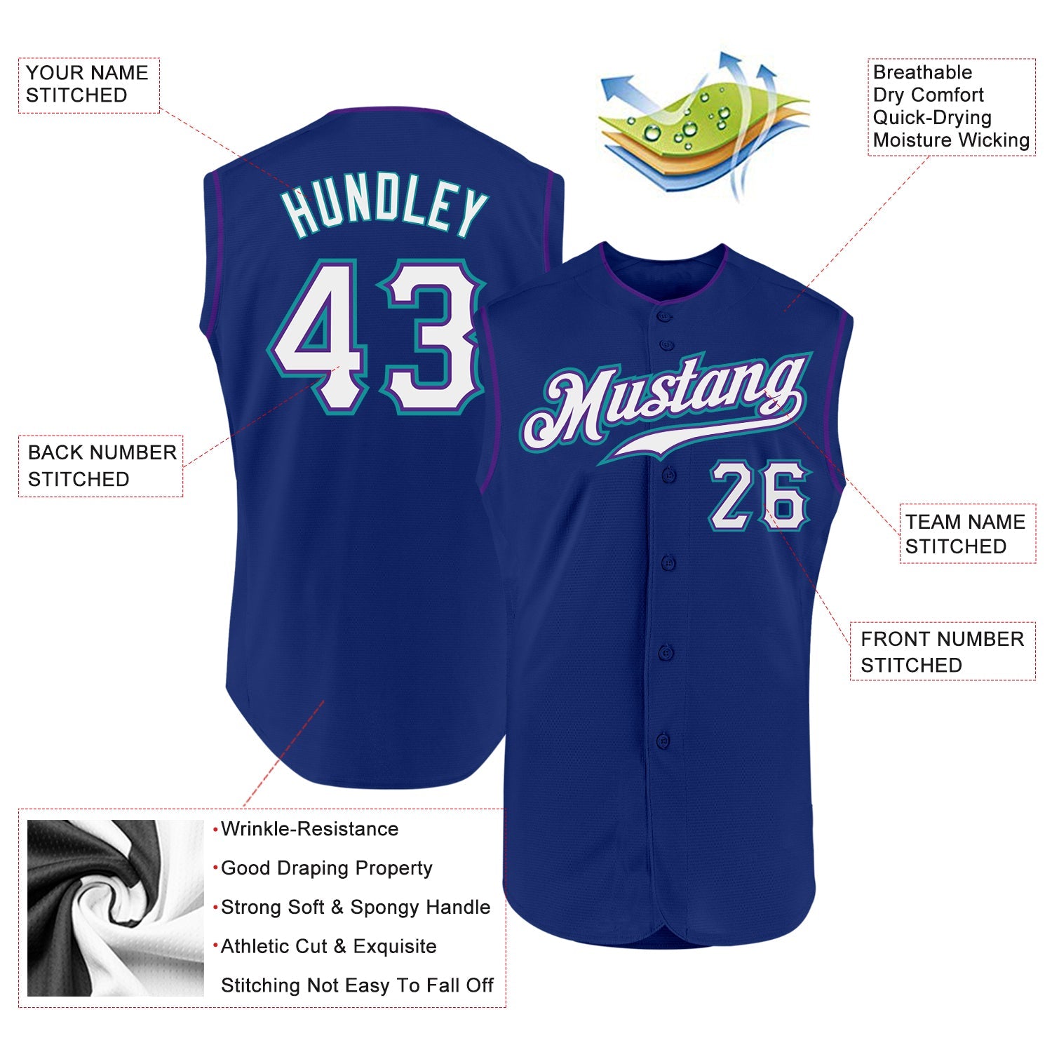 Custom Royal White Purple-Teal Authentic Sleeveless Baseball Jersey - Sky-Custom