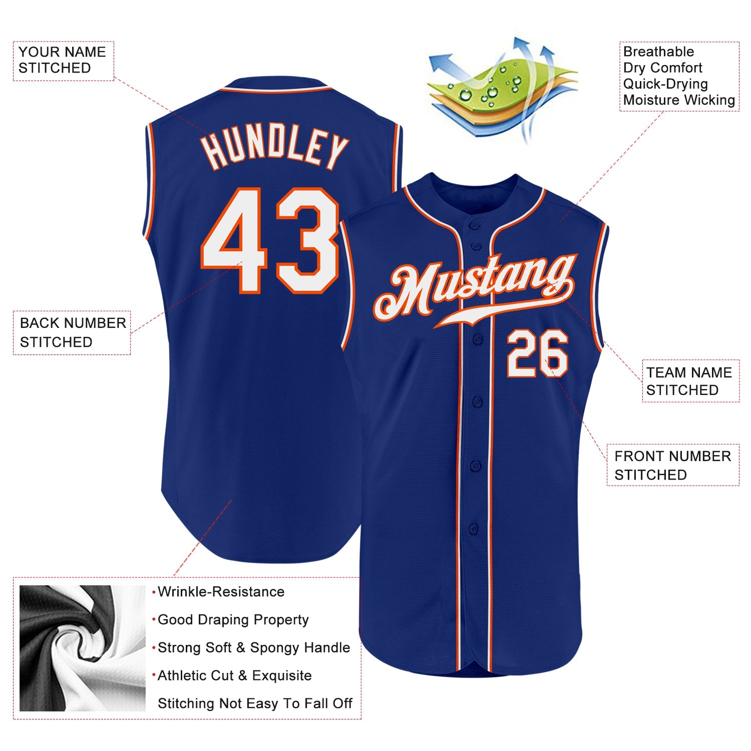 Custom Royal White-Orange Authentic Sleeveless Baseball Jersey - Sky-Custom