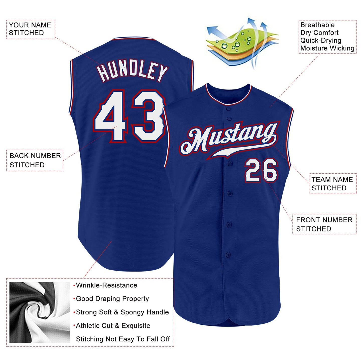 Custom Royal White-Red Authentic Sleeveless Baseball Jersey - Sky-Custom