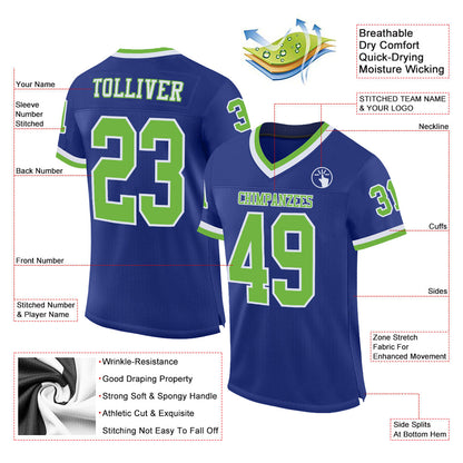 Custom Royal Neon Green-White Mesh Authentic Throwback Football Jersey - Sky-Custom