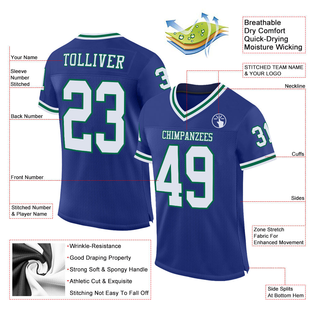 Custom Royal White-Kelly Green Mesh Authentic Throwback Football Jersey - Sky-Custom