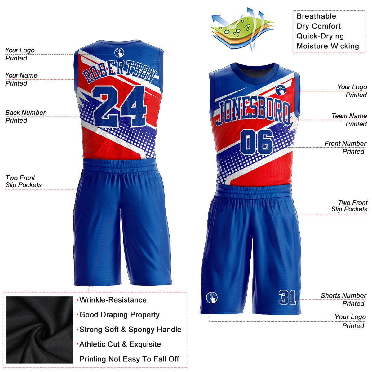 Custom Royal Royal-Red Round Neck Sublimation Basketball Suit Jersey - Sky-Custom