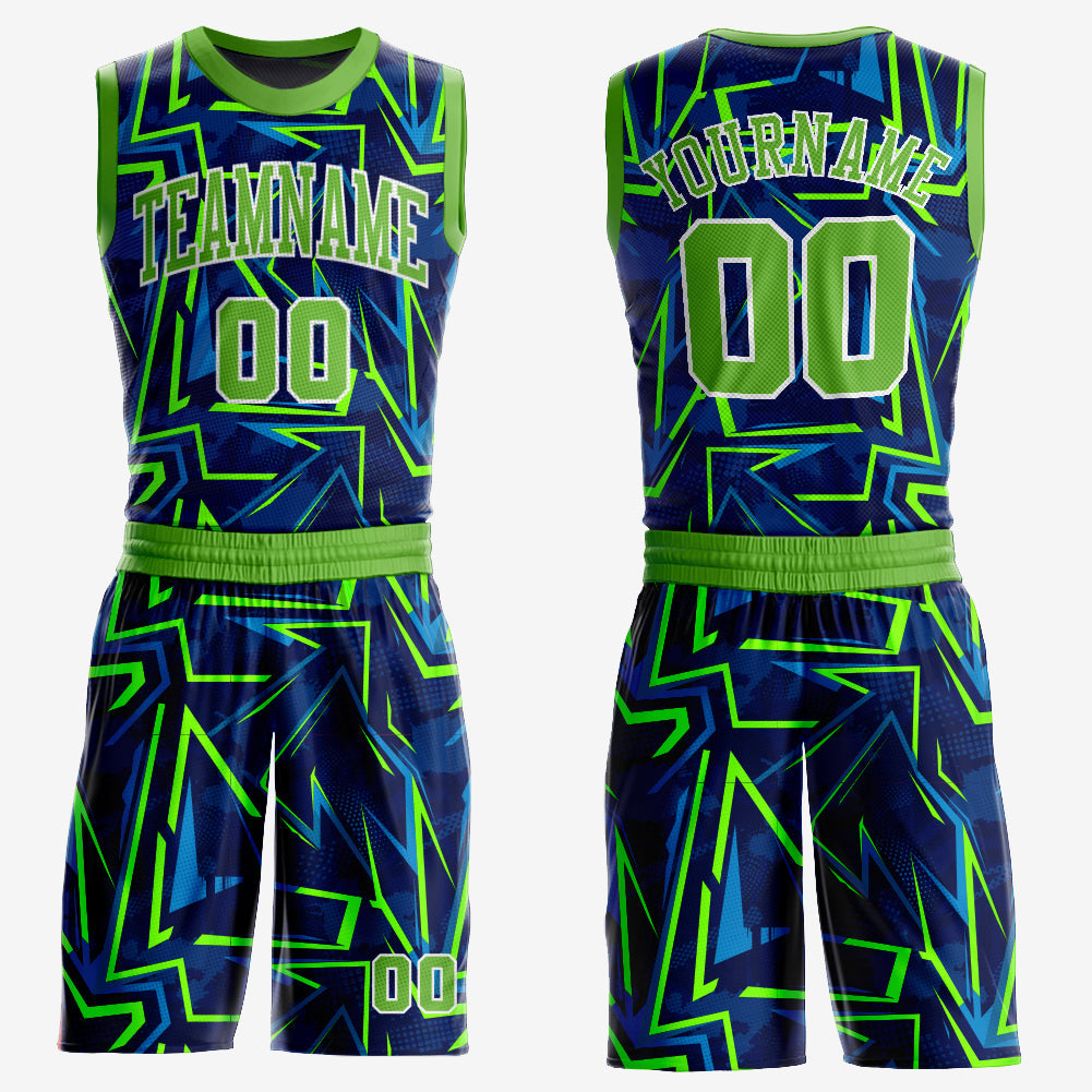 Custom Royal Neon Green-White Music Festival Round Neck Sublimation Basketball Suit Jersey - Sky-Custom