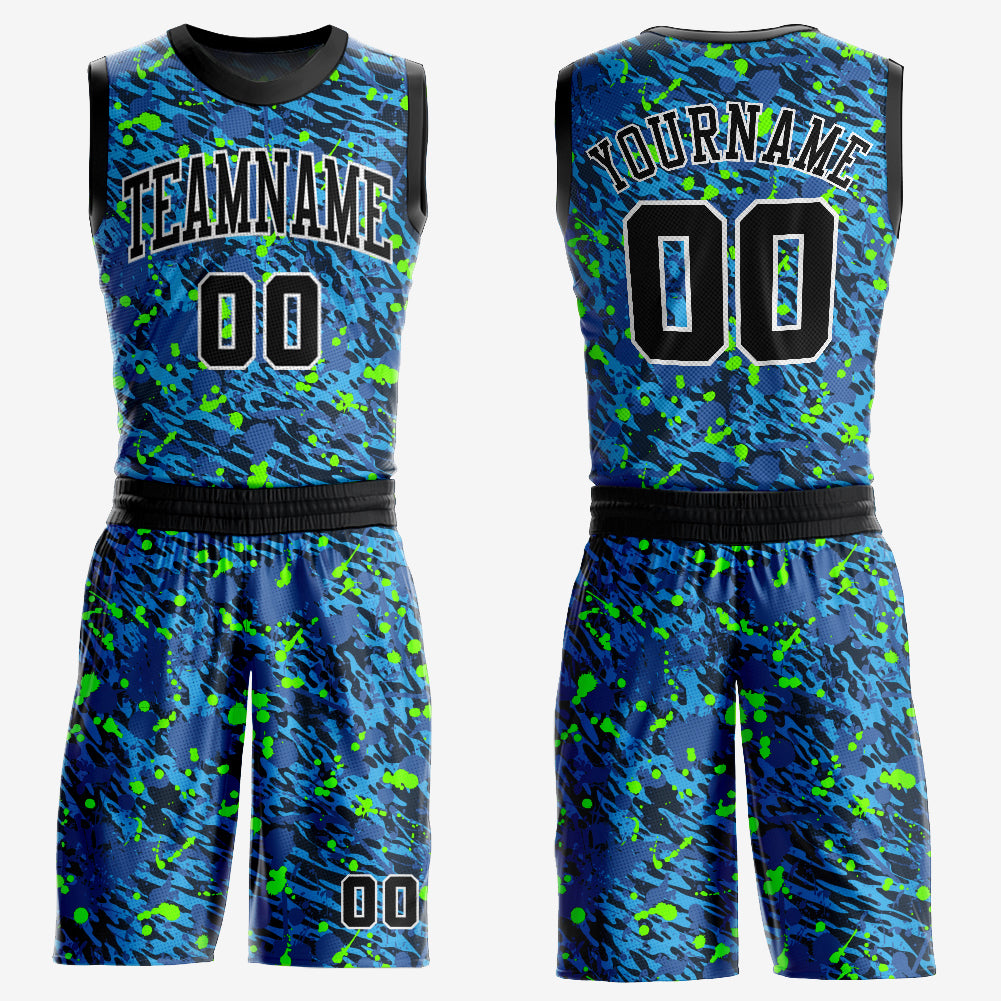 Custom Royal Black-Neon Green Music Festival Round Neck Sublimation Basketball Suit Jersey - Sky-Custom