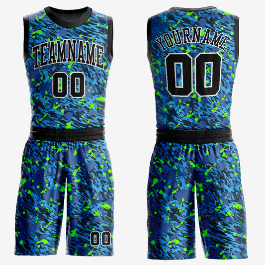 Custom Royal Black-Neon Green Music Festival Round Neck Sublimation Basketball Suit Jersey - Sky-Custom