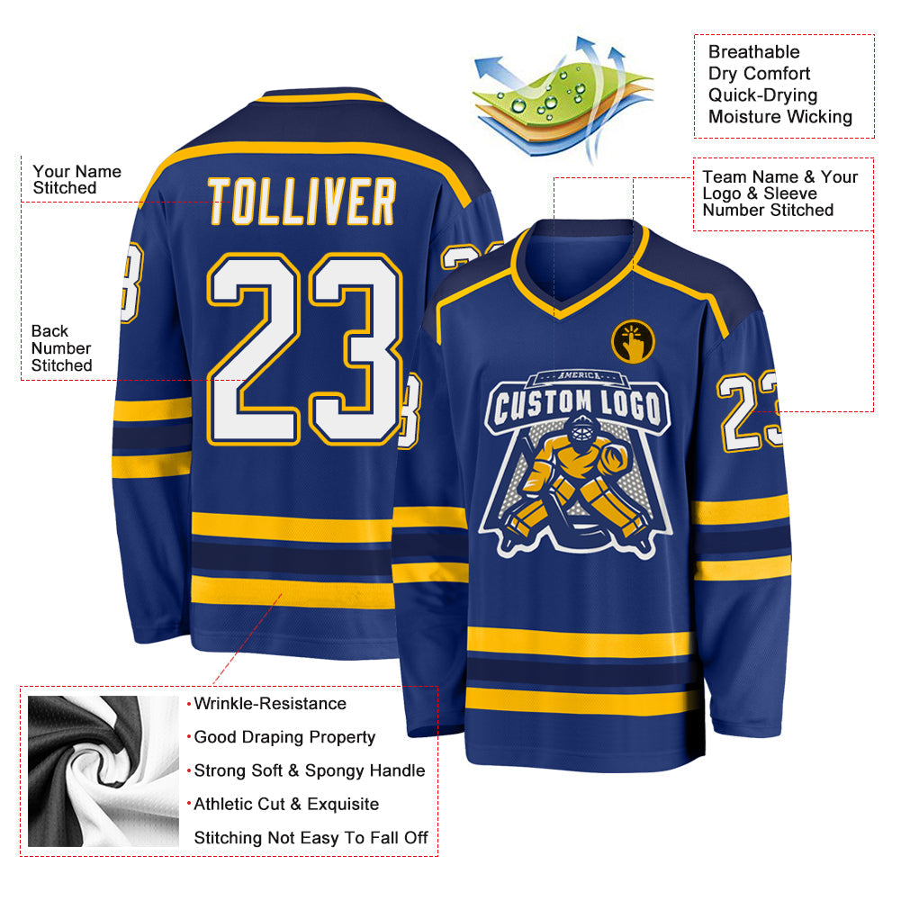 Custom Royal White Navy-Gold Hockey Jersey - Sky-Custom