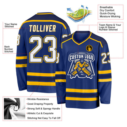 Custom Royal White Navy-Gold Hockey Jersey - Sky-Custom