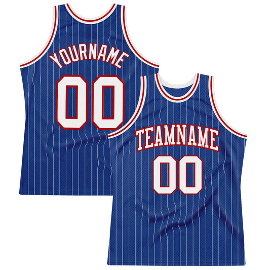 Custom Royal White Pinstripe White-Red Authentic Basketball Jersey - Sky-Custom