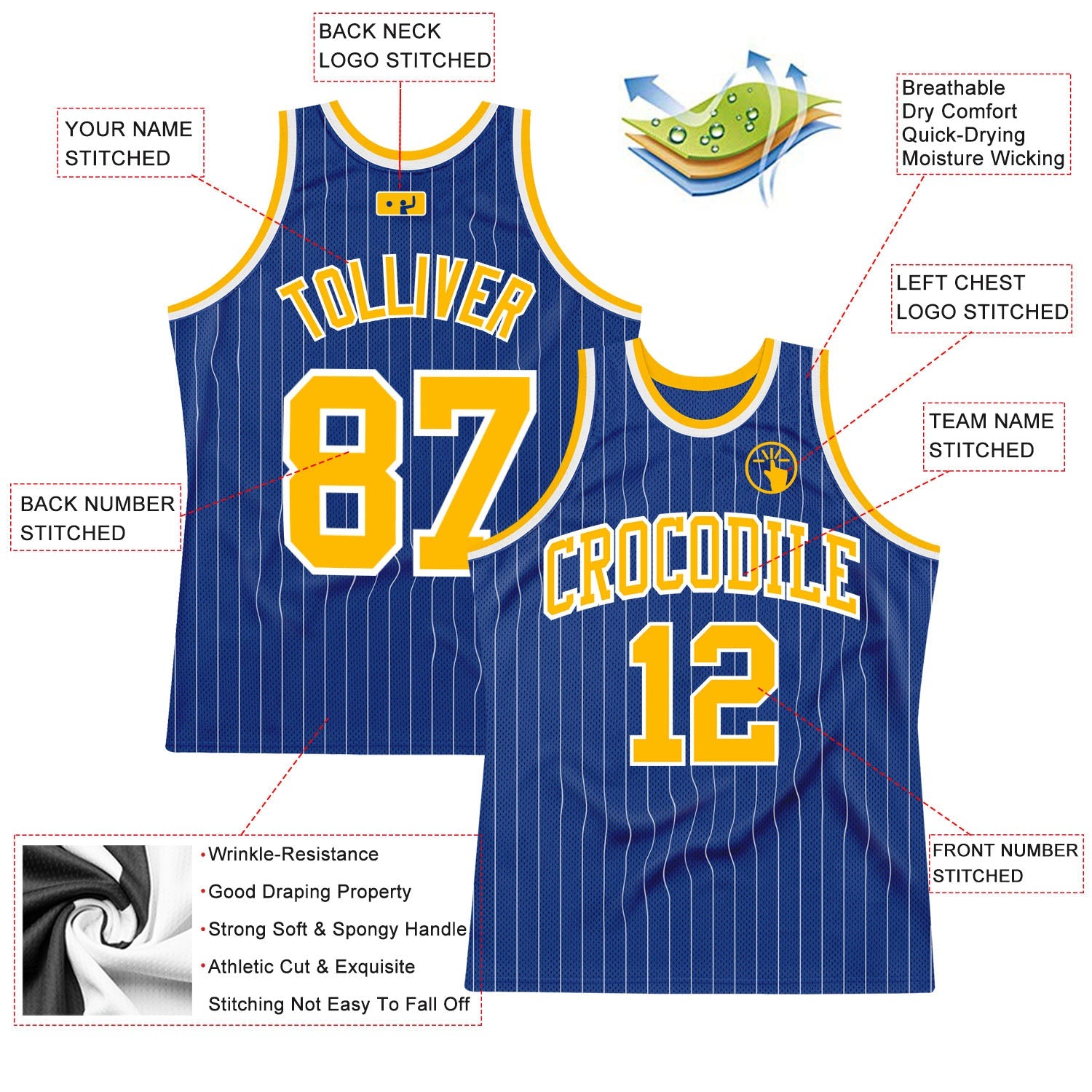 Custom Royal White Pinstripe Gold-White Authentic Basketball Jersey - Sky-Custom