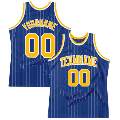 Custom Royal White Pinstripe Gold-White Authentic Basketball Jersey - Sky-Custom