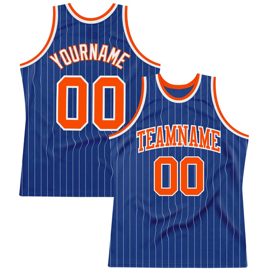 Custom Royal White Pinstripe Orange-White Authentic Basketball Jersey - Sky-Custom