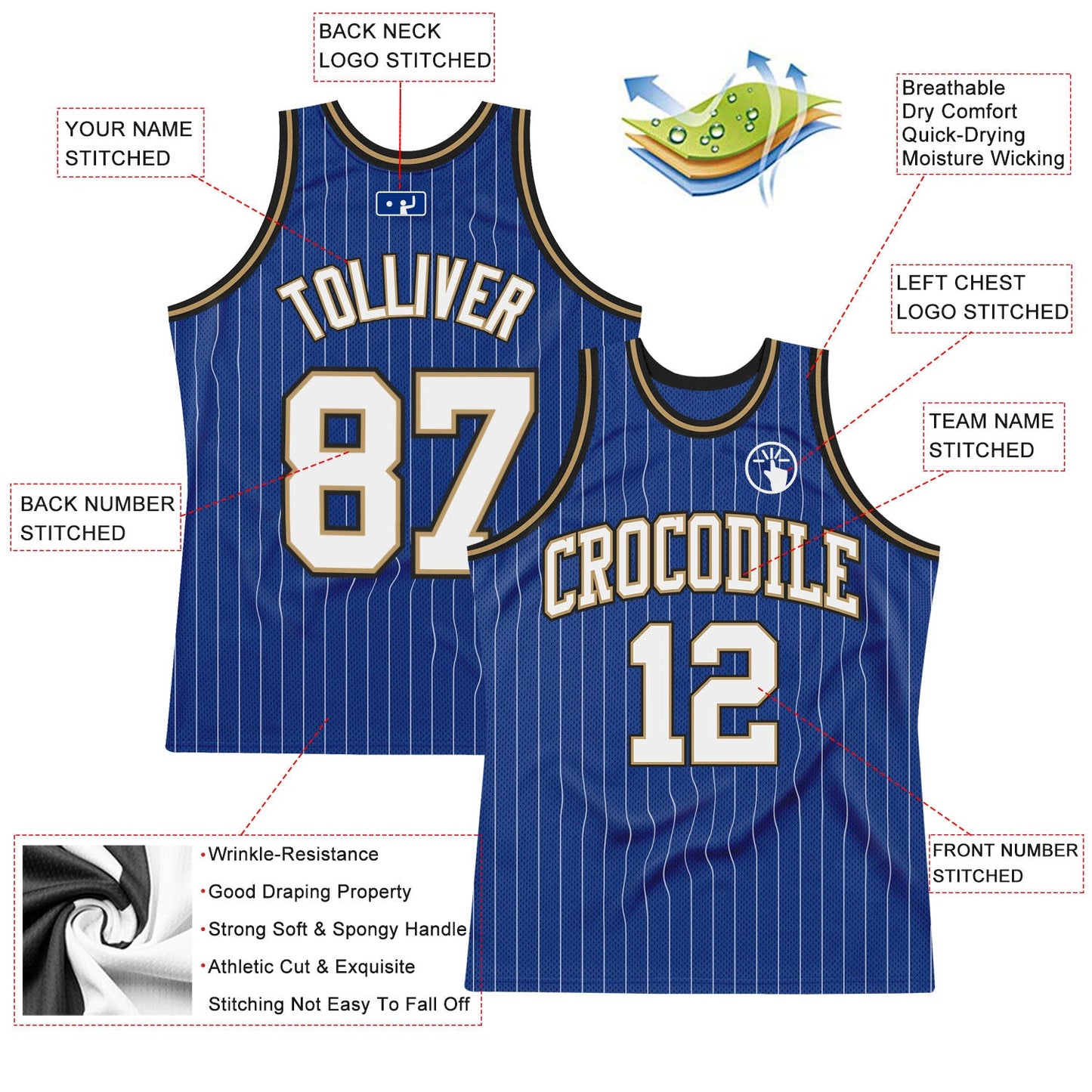 Custom Royal White Pinstripe White Old Gold-Black Authentic Basketball Jersey - Sky-Custom