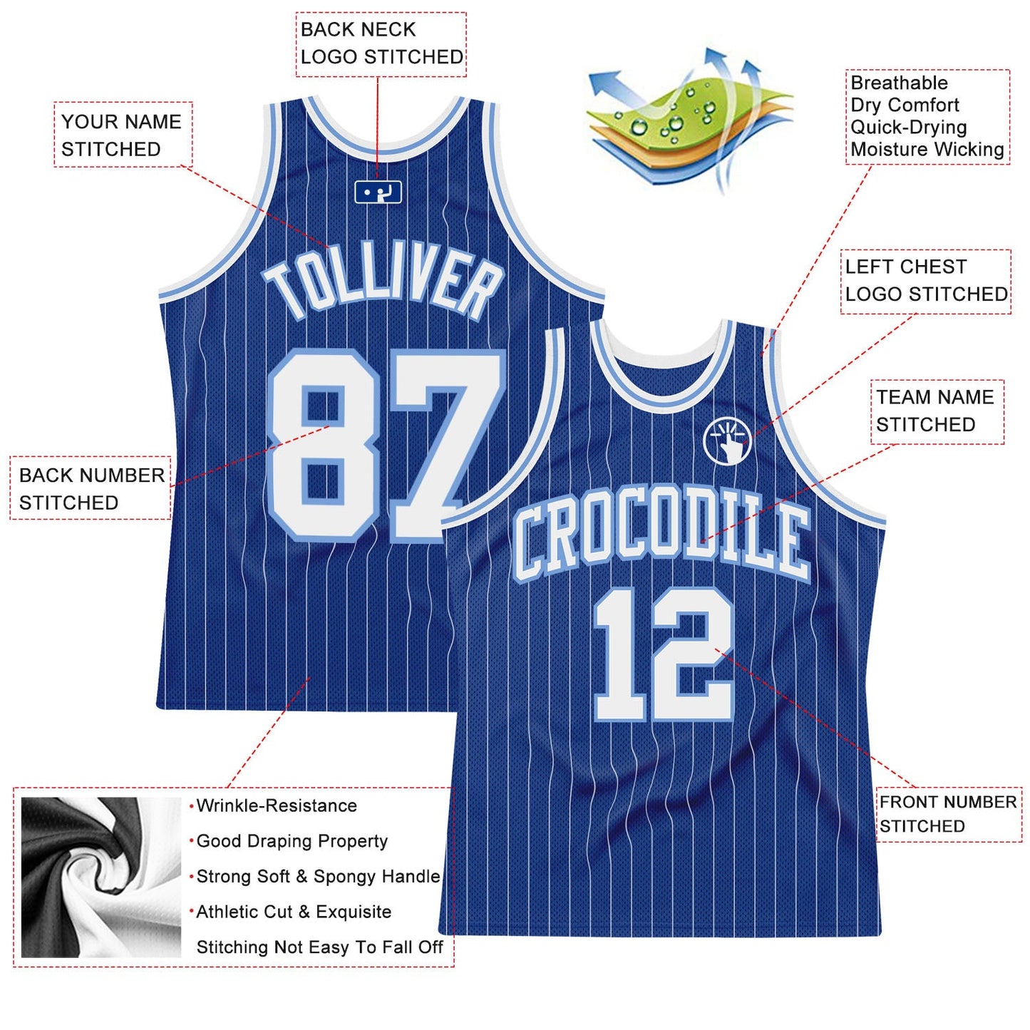 Custom Royal White Pinstripe White-Light Blue Authentic Basketball Jersey - Sky-Custom