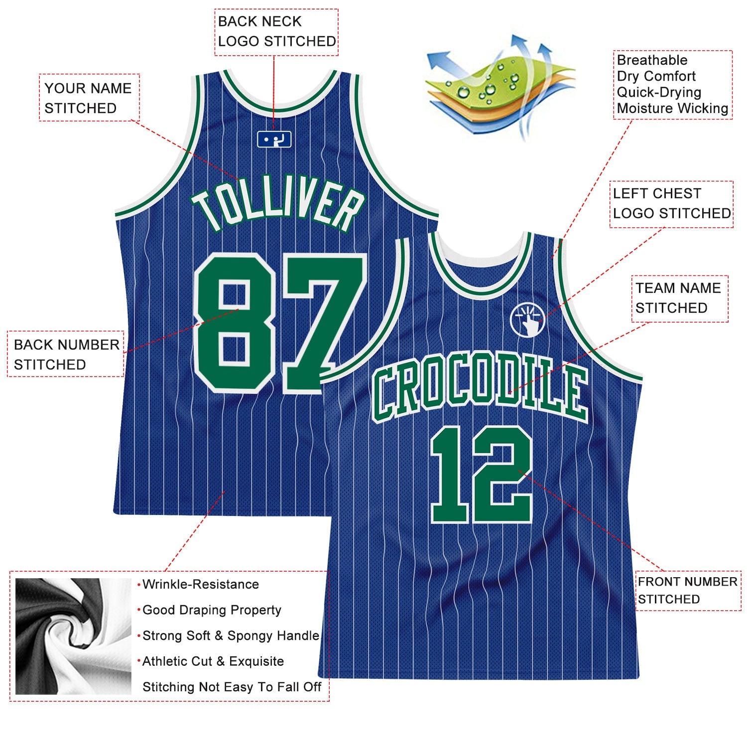 Custom Royal White Pinstripe Kelly Green-White Authentic Basketball Jersey - Sky-Custom