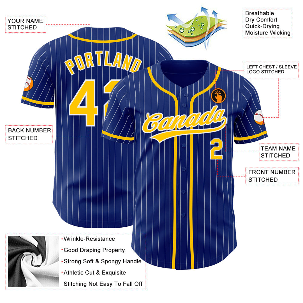 Custom Royal White Pinstripe Gold Authentic Baseball Jersey - Sky-Custom