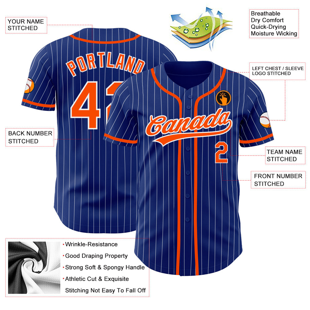 Custom Royal White Pinstripe Orange Authentic Baseball Jersey - Sky-Custom