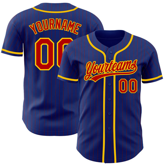 Custom Royal Red Pinstripe Yellow Authentic Baseball Jersey - Sky-Custom