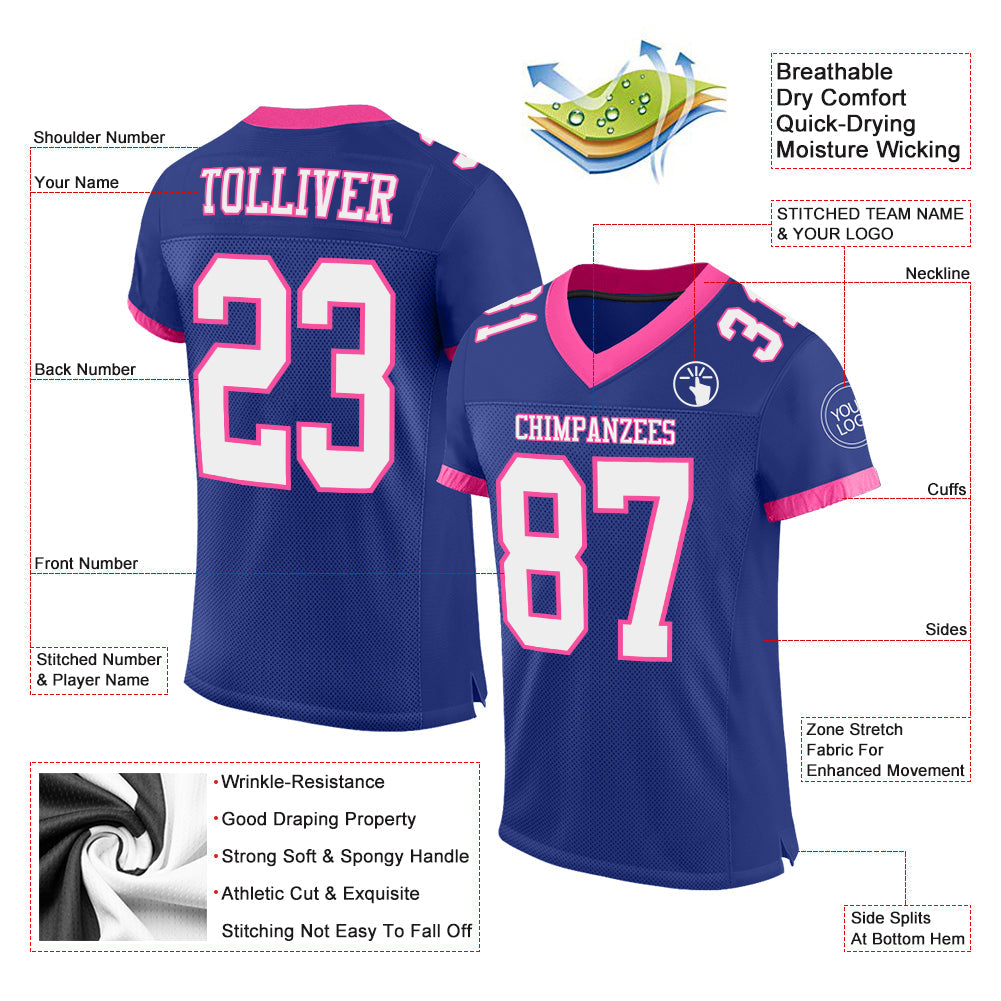 Custom Royal White-Pink Mesh Authentic Football Jersey - Sky-Custom