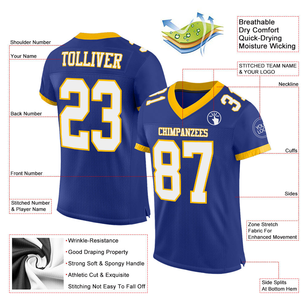 Custom Royal White-Gold Mesh Authentic Football Jersey - Sky-Custom