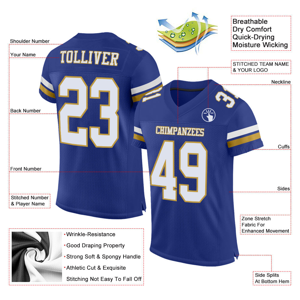 Custom Royal White-Old Gold Mesh Authentic Football Jersey - Sky-Custom