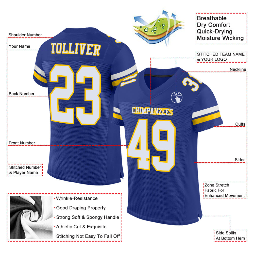 Custom Royal White-Yellow Mesh Authentic Football Jersey - Sky-Custom