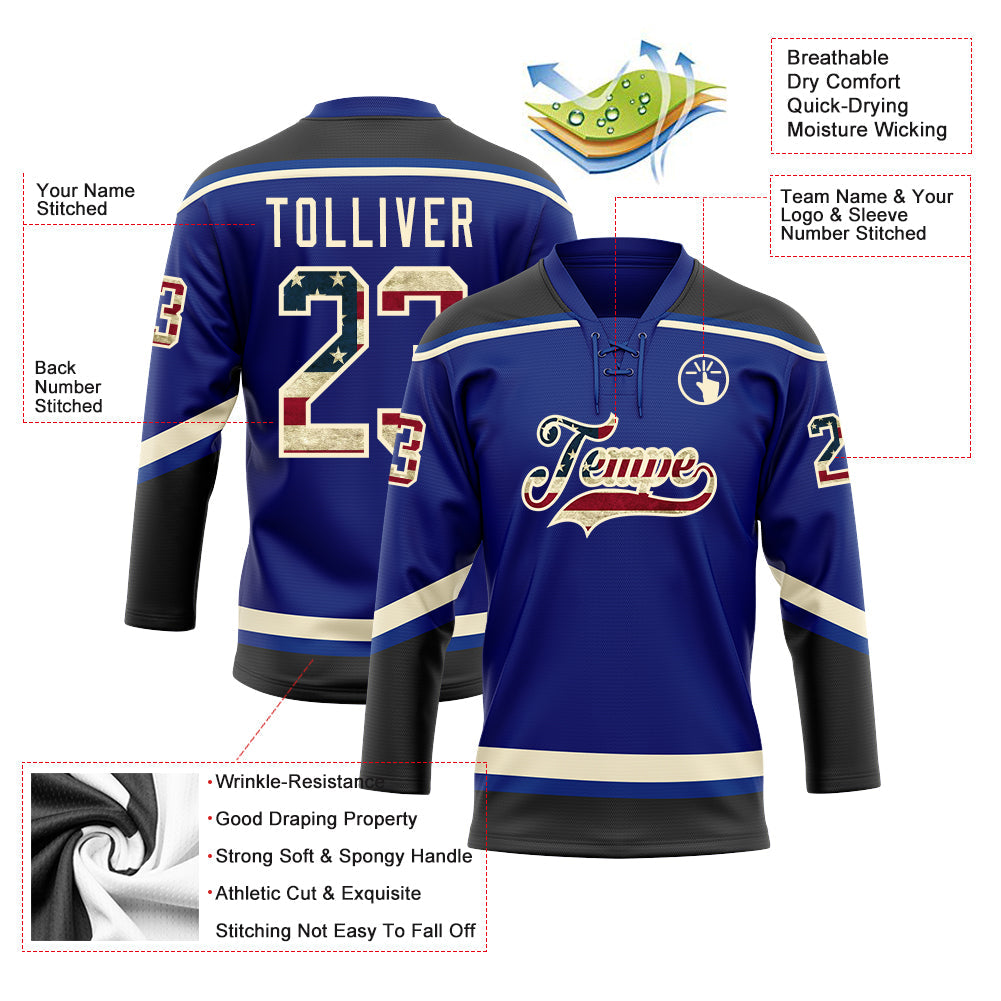 Custom Royal Vintage USA Flag Black-Cream Hockey Lace Neck Jersey - Sky-Custom